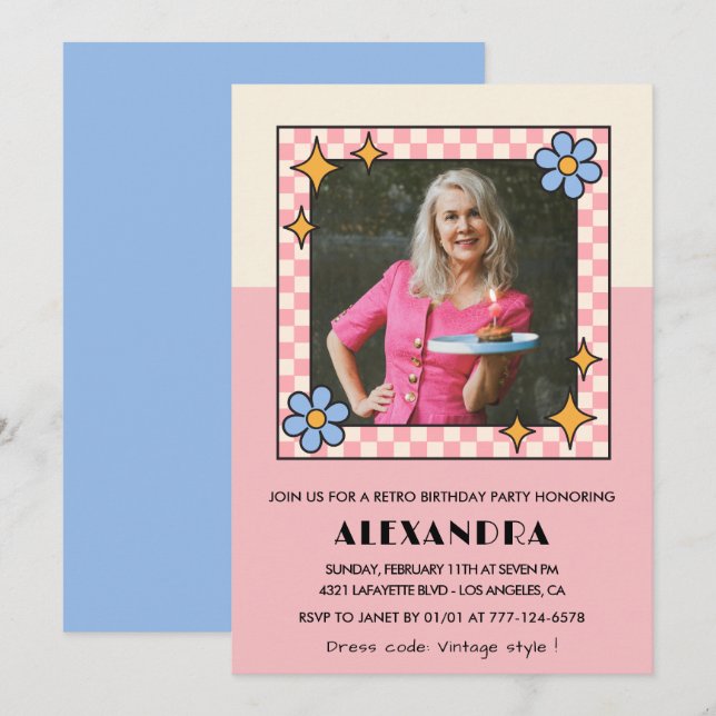invitación de cumpleaños número 75 Flores rosadas  (Anverso / Reverso)
