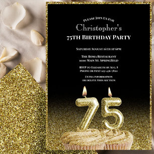 Invitación de cumpleaños número 75 negra y dorada