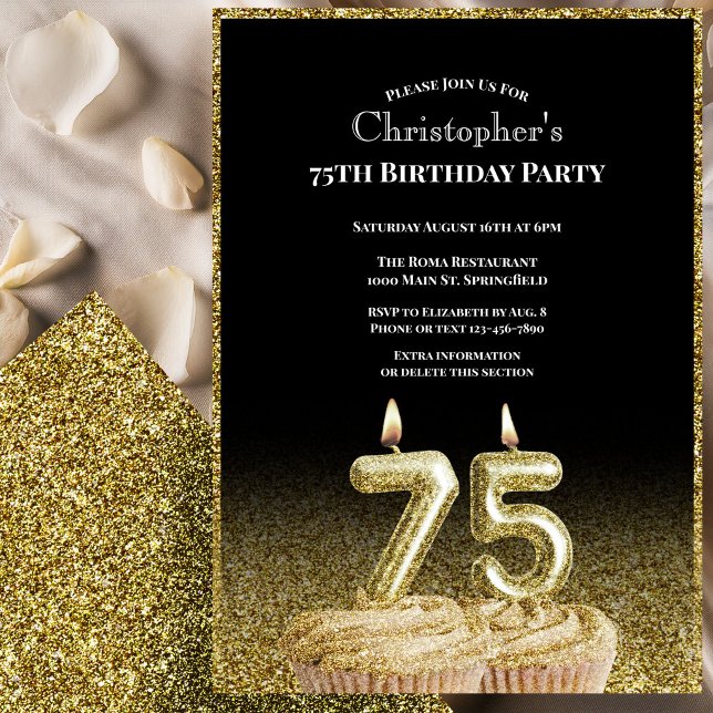 Invitación de cumpleaños número 75 negra y dorada  (Subido por el creador)