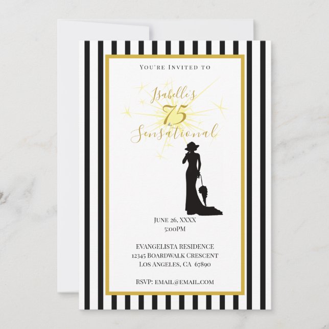 Invitación de cumpleaños número 75 negro y dorado (Anverso)