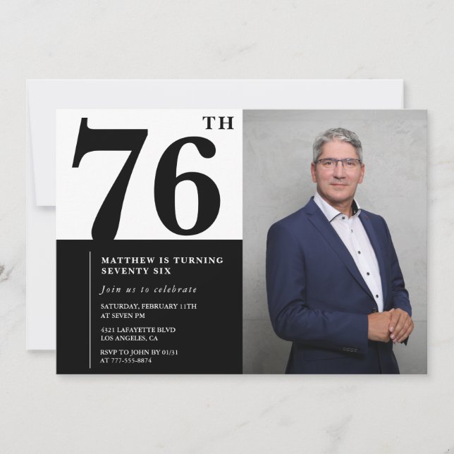 Invitación de cumpleaños número 76 en blanco y neg (Anverso)