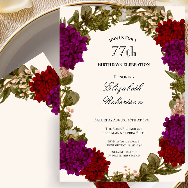 Invitación de cumpleaños número 77 con borde flora (Subido por el creador)