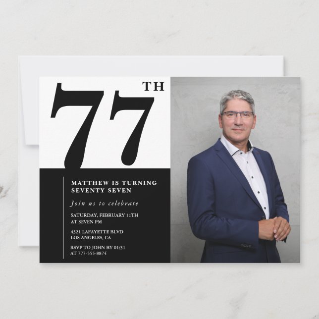 Invitación de cumpleaños número 77 en blanco y neg (Anverso)