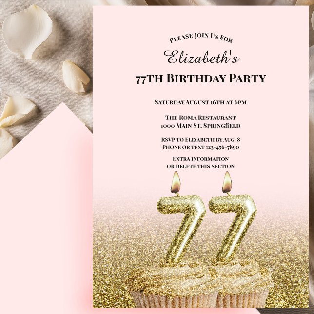 Invitación de cumpleaños número 77 rosa y dorado p (Subido por el creador)