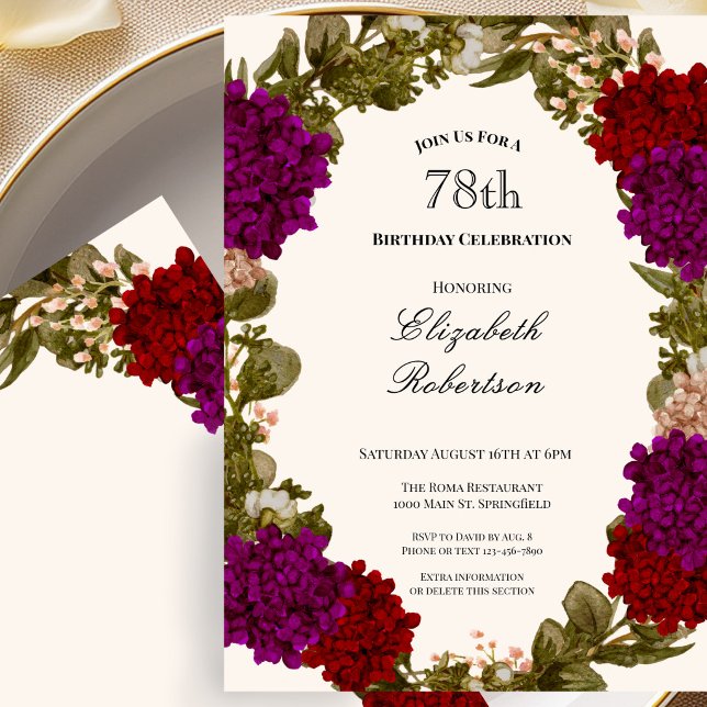 Invitación de cumpleaños número 78 con borde flora (Subido por el creador)