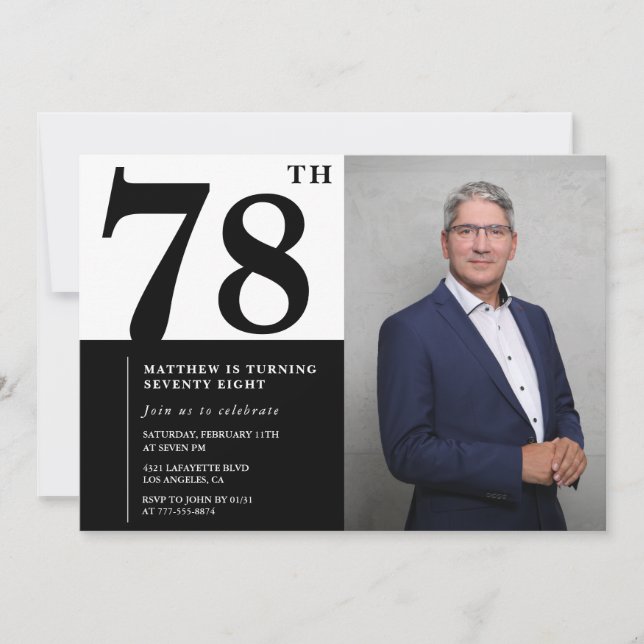 Invitación de cumpleaños número 78 en blanco y neg (Anverso)
