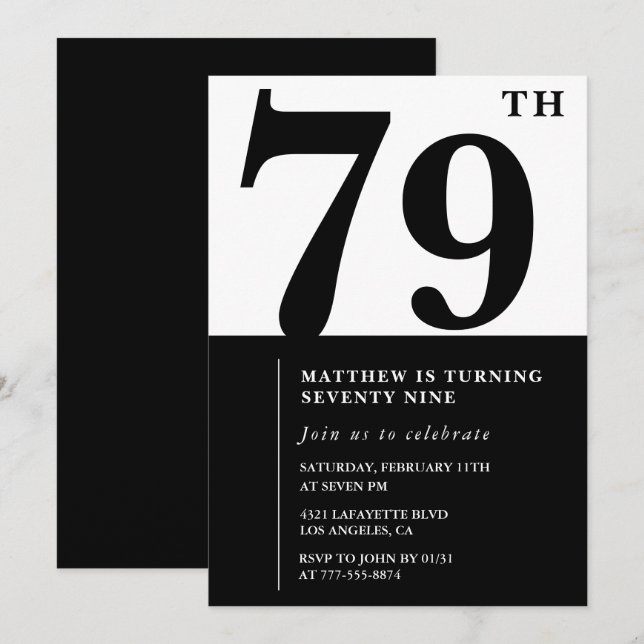 Invitación de cumpleaños número 79 Chic en negro y (Anverso / Reverso)