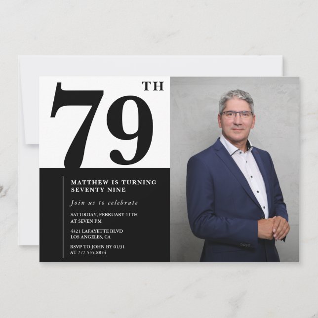 Invitación de cumpleaños número 79 en blanco y neg (Anverso)
