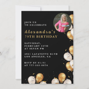Invitación de cumpleaños número 79 negra Globo dor