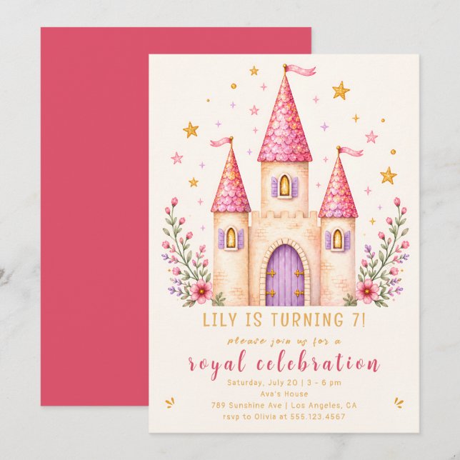 Invitación de cumpleaños número 7 al Castillo de l (Anverso / Reverso)