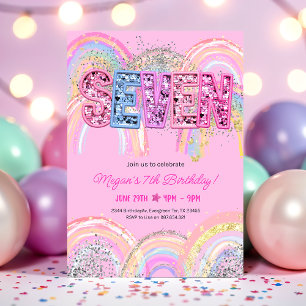 Invitación de cumpleaños número 7 con arcoíris