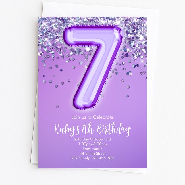 Invitación de cumpleaños número 7 con brillo púrpu (Subido por el creador)