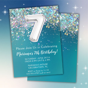 Invitación de cumpleaños número 7 con brillo teal 