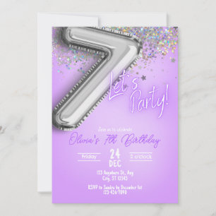 Invitación de cumpleaños número 7 con purpurina mo
