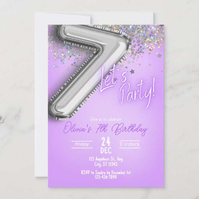 Invitación de cumpleaños número 7 con purpurina mo (Anverso)
