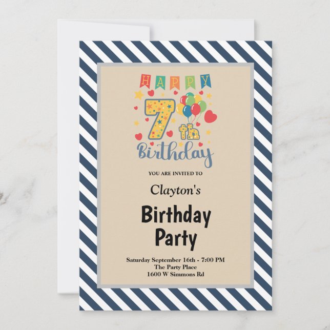 Invitación de cumpleaños número 7 con rayas azules (Anverso)