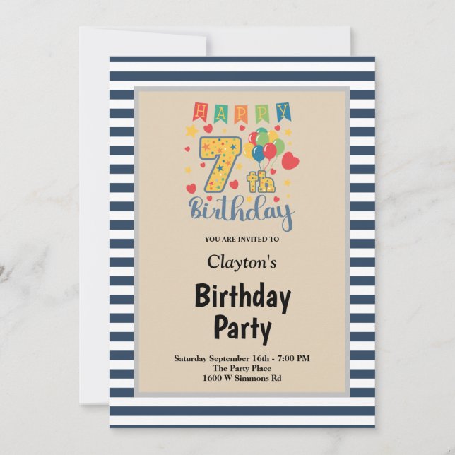 Invitación de cumpleaños número 7 con rayas azules (Anverso)