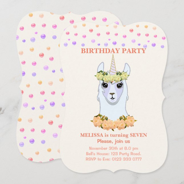 Invitación de cumpleaños número 7 de Llama-corn (Anverso / Reverso)