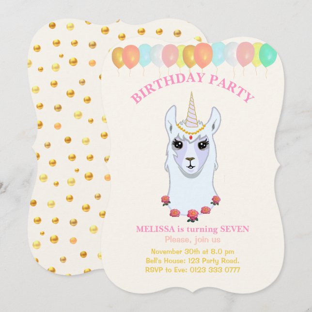 Invitación de cumpleaños número 7 de Llama-corn (Anverso / Reverso)