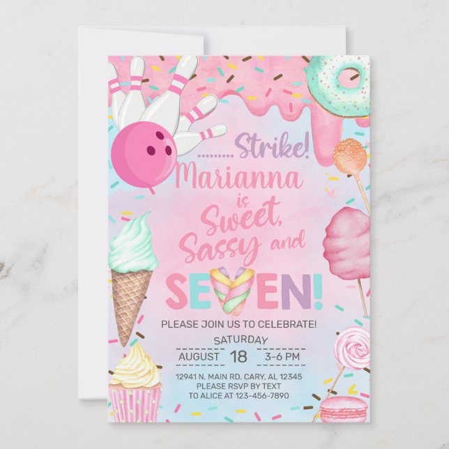 Invitación de cumpleaños número 7 de niña con dulc (Anverso)