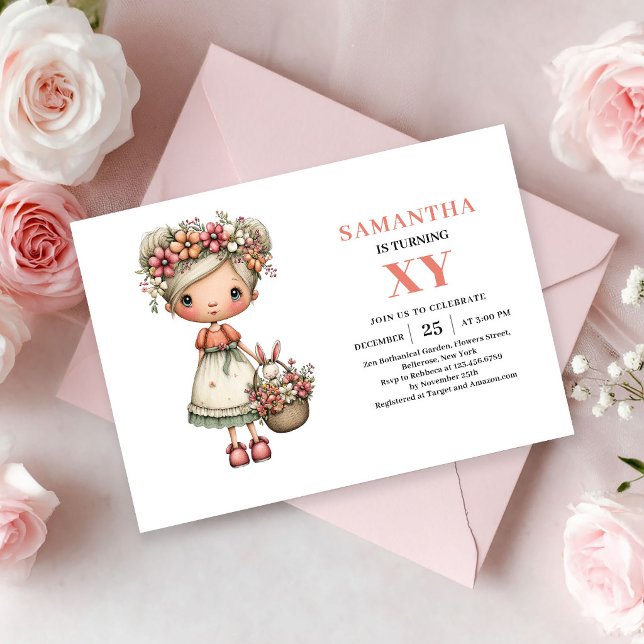Invitación de Cumpleaños número 7 de Niña Hada Mág (Magical Fairy Girl 7th Birthday Pastel Pink invitation)