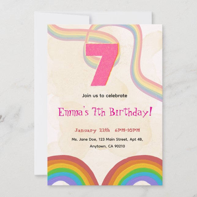 Invitación de cumpleaños número 7 de Rainbow Girl (Anverso)