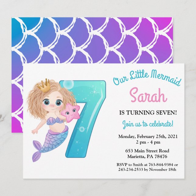 Invitación de cumpleaños número 7 de sirena acuare (Anverso / Reverso)