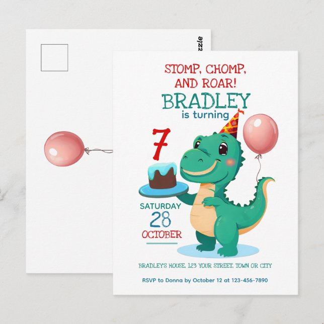 Invitación de cumpleaños número 7 de T Rex Dinosau (Anverso / Reverso)