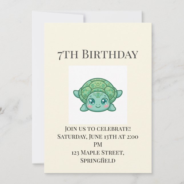 Invitación de cumpleaños número 7 de tortuga bebé  (Anverso)
