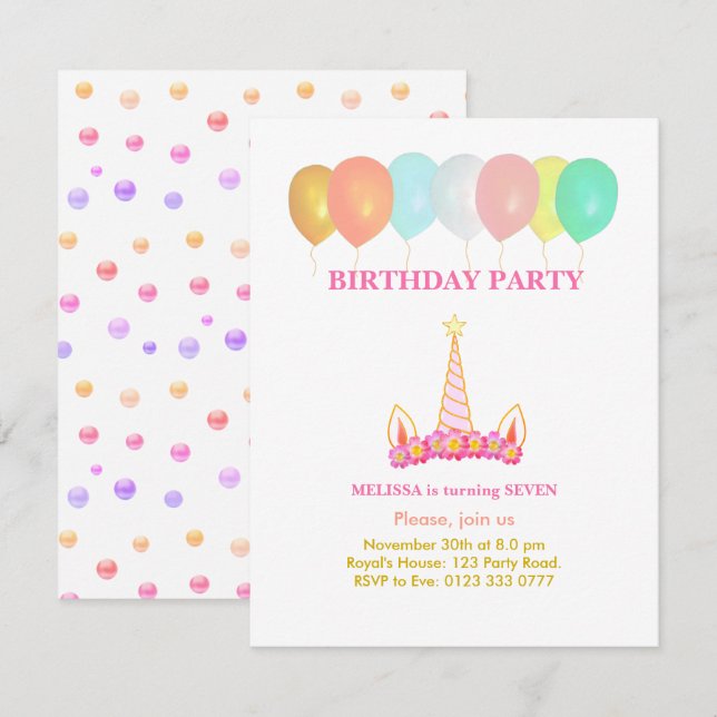 Invitación de cumpleaños número 7 de Unicornio (Anverso / Reverso)