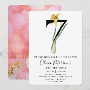 Invitación de cumpleaños número 7 floral con foto