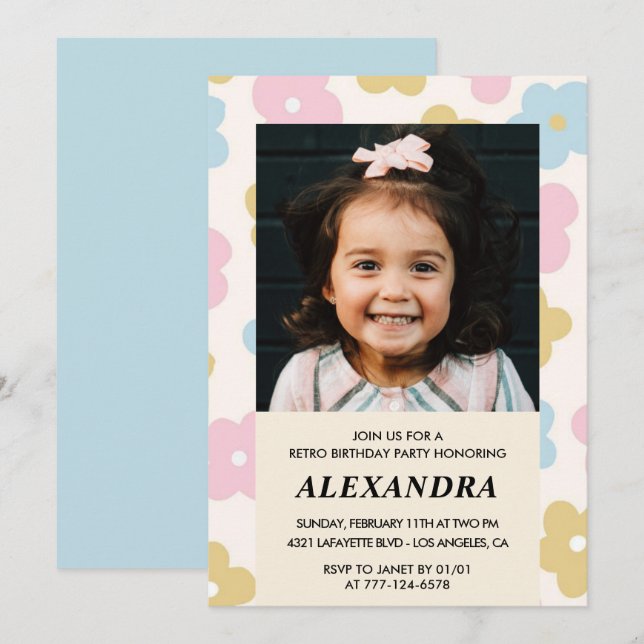 invitación de cumpleaños número 7 Flores Retro Div (Anverso / Reverso)