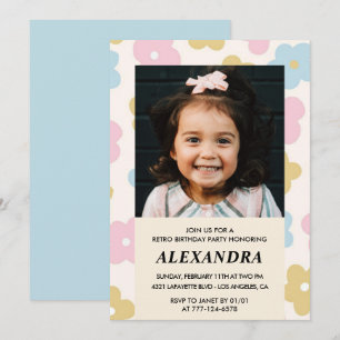 invitación de cumpleaños número 7 Flores Retro Div