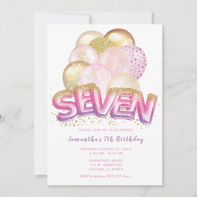Invitación de cumpleaños número 7 Globo Rosa Purpu (Anverso)