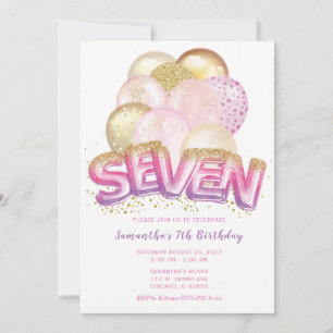 Invitación de cumpleaños número 7 Globo Rosa Purpu