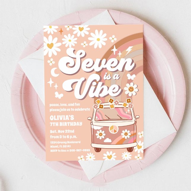 Invitación de cumpleaños número 7 Retro Groovy (Subido por el creador)