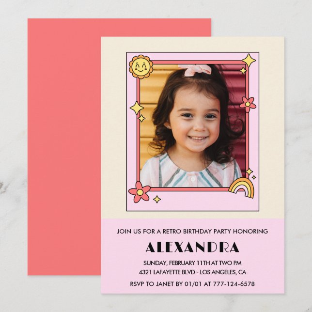 invitación de cumpleaños número 7 Retro Groovy Flo (Anverso / Reverso)