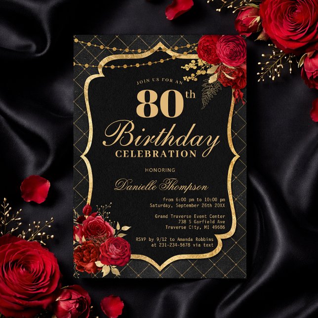 Invitación de cumpleaños número 80 Black, Red & Go (Black, Red & Gold 80th Birthday Invitation with Roses)