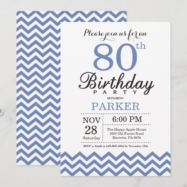 Invitación de cumpleaños número 80 Chevron Azul (Anverso / Reverso)