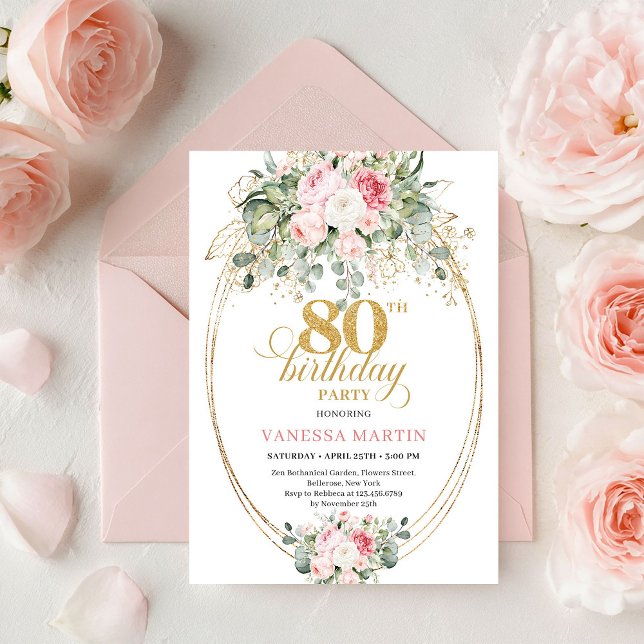 Invitación de cumpleaños número 80 Chic Boho Blush (Chic Boho Blush Roses 80th Birthday Invitation Print

)