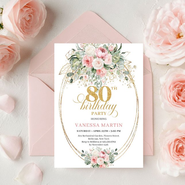 Invitación de cumpleaños número 80 Clásico Boho Ro (Classic Boho Blush Roses Gold 80th Birthday Invite)