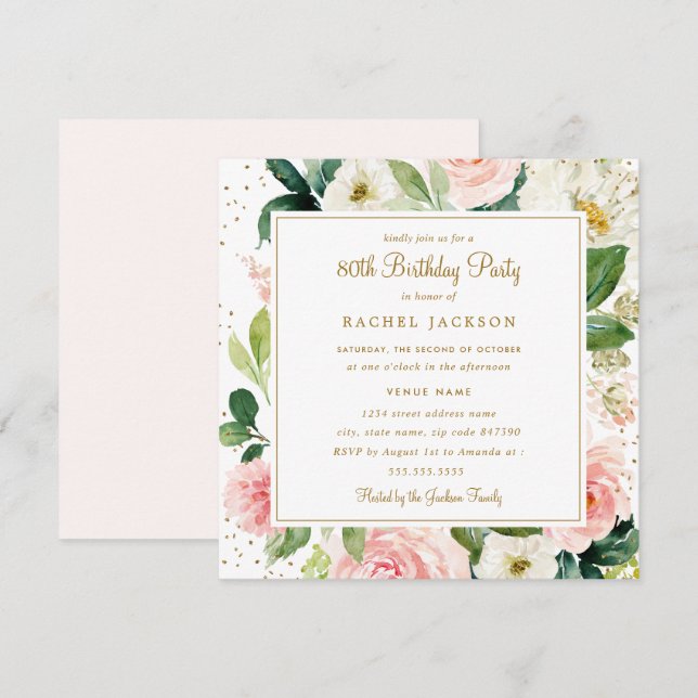 Invitación de cumpleaños número 80 con acuarela fl (Anverso / Reverso)