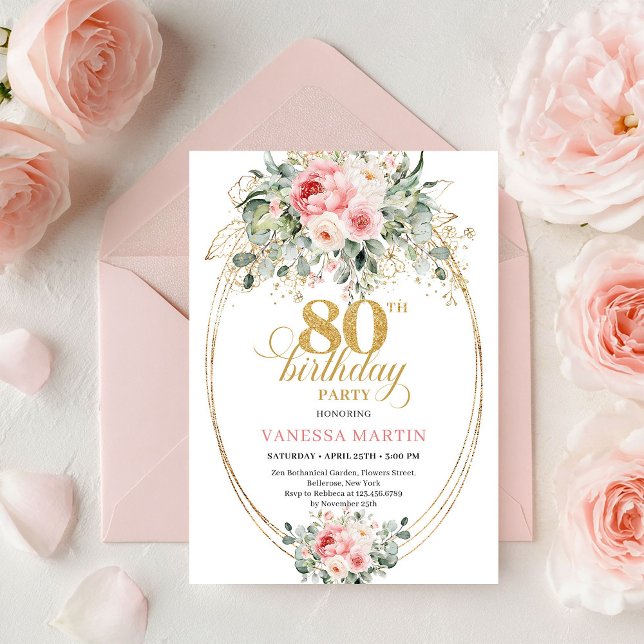 Invitación de cumpleaños número 80 con diseño flor (Modern Minimal Blush Floral 80th Birthday Invite Set

)