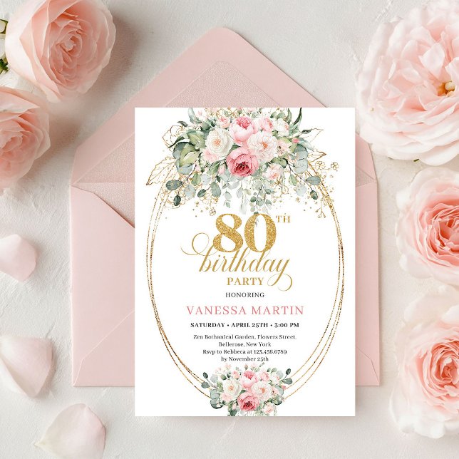 Invitación de cumpleaños número 80 con estilo mini (Stylish Minimal Blush Floral 80th Birthday Invitation

)
