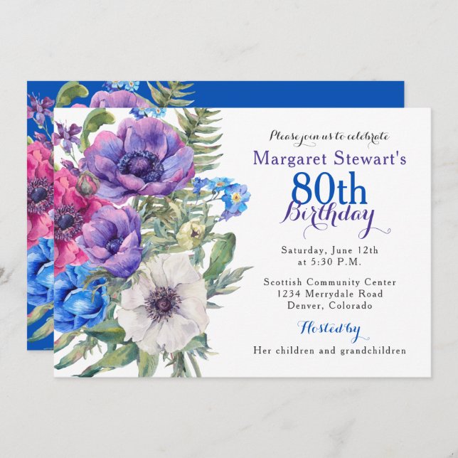 Invitación de cumpleaños número 80 con flor de ane (Anverso / Reverso)