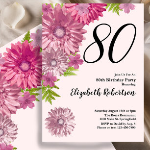 Invitación de cumpleaños número 80 con flores rosa