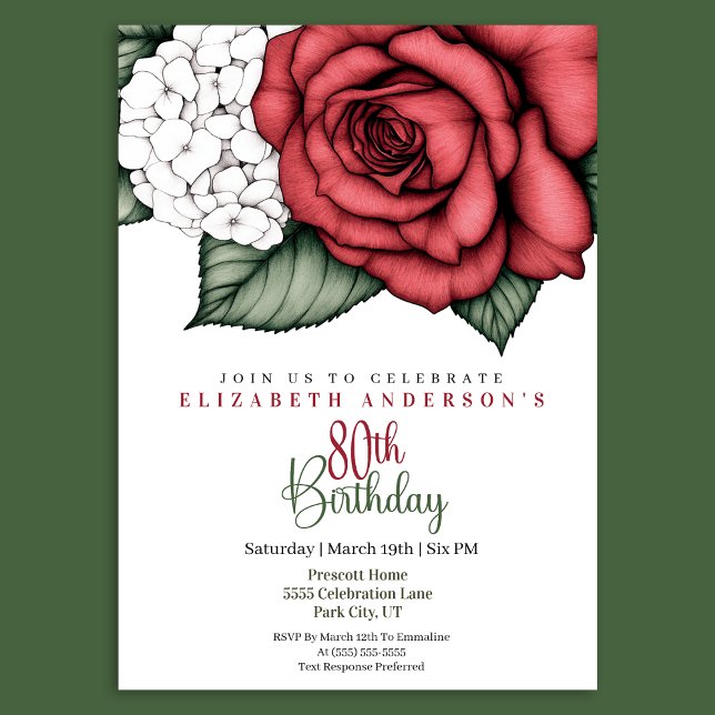 Invitación de cumpleaños número 80 con rosa roja e (Subido por el creador)