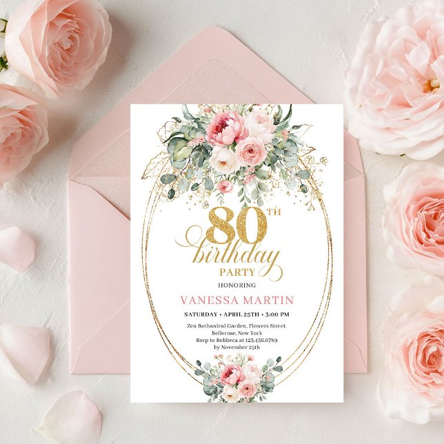 Invitación de cumpleaños número 80 con rosas de es (Stylish Bohemian Blush Roses 80th Birthday Invitation

)