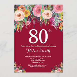 Invitación de cumpleaños número 80 de Borgoña Flor
