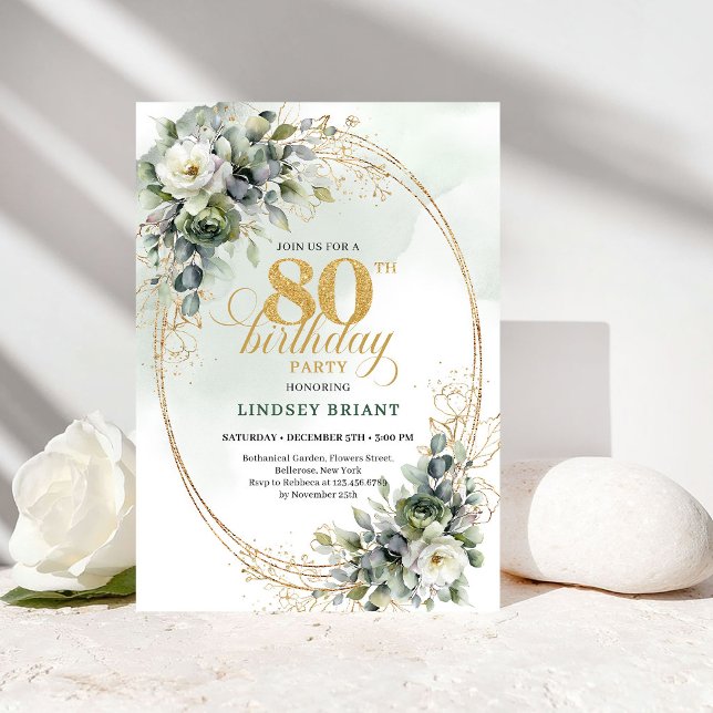 Invitación de cumpleaños número 80 de Botánica Rom (Romantic Botanical Gold 80th Birthday Invitation)